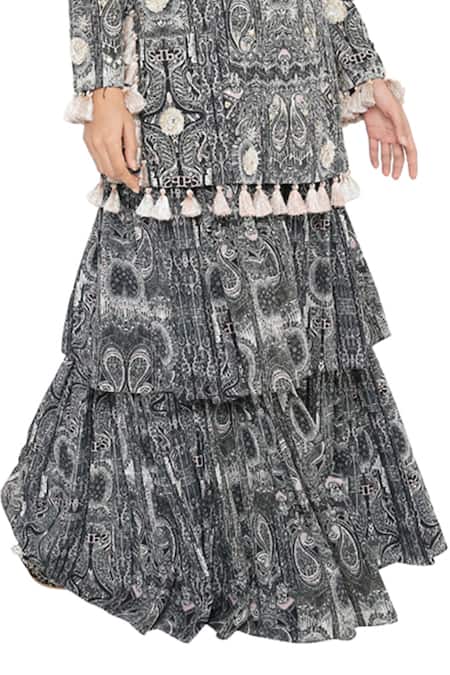 Payal Singhal_Black Crepe Printed Round Kaina Kurta And Layered Sharara Set _at_Aza_Fashions