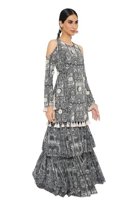 Buy_Payal Singhal_Black Crepe Printed Round Kaina Kurta And Layered Sharara Set _Online_at_Aza_Fashions