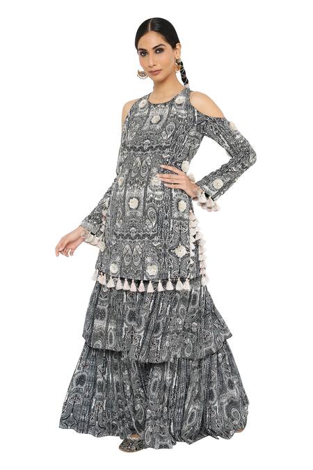 Payal Singhal_Black Crepe Printed Round Kaina Kurta And Layered Sharara Set _Online_at_Aza_Fashions