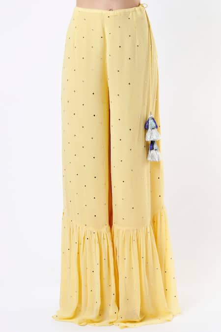 Buy_Payal Singhal_Yellow Net, Georgette Floral Pattern And Dot Mukaish Embroidered Kurta Sharara Set_Online_at_Aza_Fashions