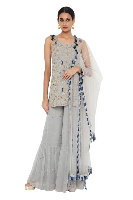 Payal Singhal_Grey Net, Georgette Mukaish Round Masoon Embroidered Sharara Set _Online_at_Aza_Fashions