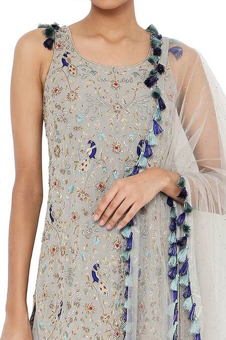 Shop_Payal Singhal_Grey Net, Georgette Mukaish Round Masoon Embroidered Sharara Set _Online_at_Aza_Fashions