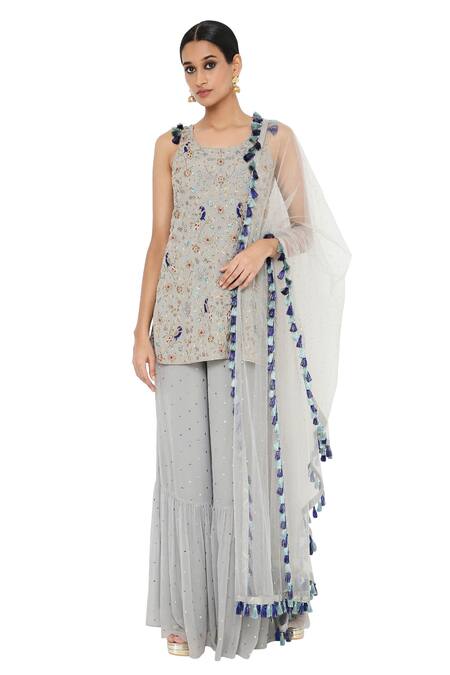 Buy_Payal Singhal_Grey Net, Georgette Mukaish Round Masoon Embroidered Sharara Set _Online_at_Aza_Fashions
