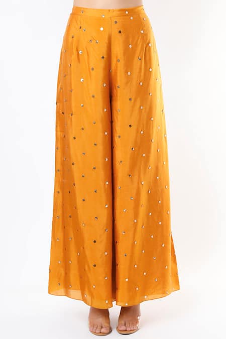 Buy_Payal Singhal_Yellow Silk Mukaish And Floral Pattern Notched Kaftan & Palazzo Set _Online_at_Aza_Fashions