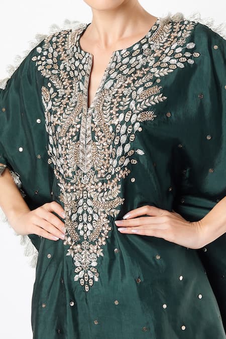Payal Singhal_Emerald Green Silk Embroidered Mukaish And Floral Pattern Kaftan & Palazzo Set _Online_at_Aza_Fashions