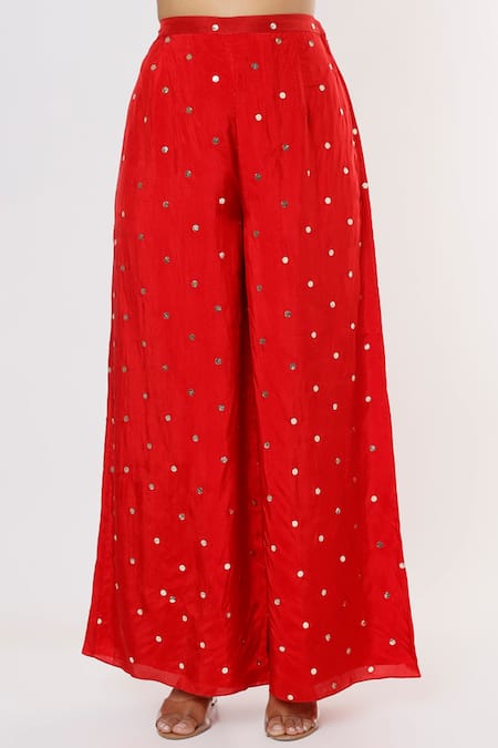 Buy_Payal Singhal_Red Silk Embroidered Mukaish And Floral Pattern Notched Kaftan & Palazzo Set _Online_at_Aza_Fashions