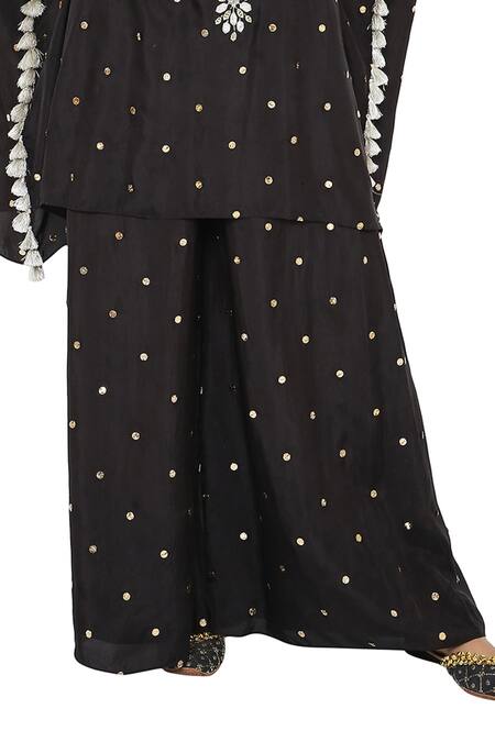 Payal Singhal_Black Abutai Silk Embroidered Mukaish Notched Aarasi Kaftan And Palazzo Set _at_Aza_Fashions