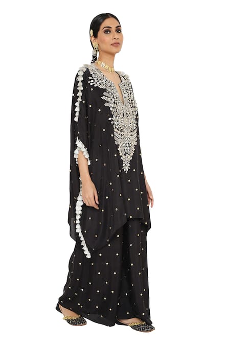 Payal Singhal_Black Abutai Silk Embroidered Mukaish Notched Aarasi Kaftan And Palazzo Set _Online_at_Aza_Fashions
