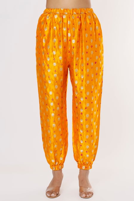 Buy_Payal Singhal_Yellow Silk Bandhani Pattern Notched Kurta And Jogger Pant Set _Online_at_Aza_Fashions