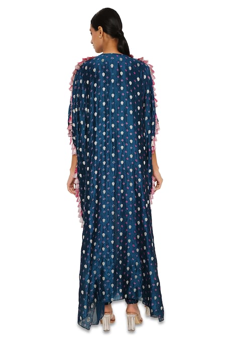 Shop_Payal Singhal_Blue Silk Floral, Bandhani Notched Kurta And Jogger Pant Set _at_Aza_Fashions