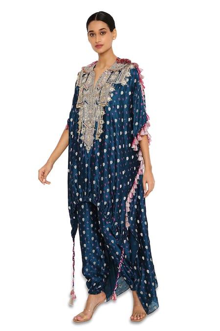 Payal Singhal_Blue Silk Floral, Bandhani Notched Kurta And Jogger Pant Set _Online_at_Aza_Fashions