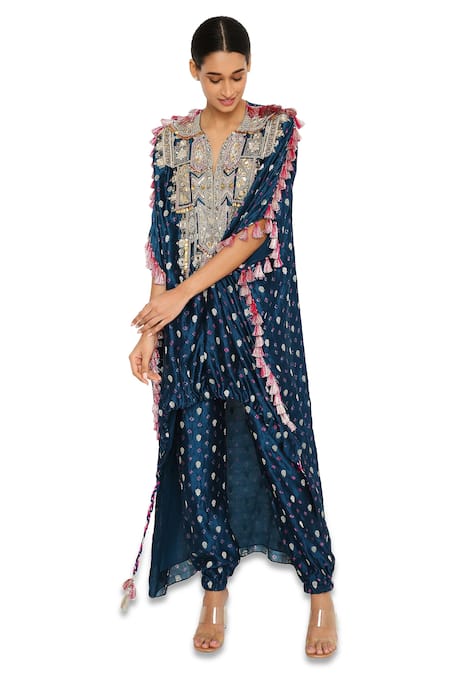 Buy_Payal Singhal_Blue Silk Floral, Bandhani Notched Kurta And Jogger Pant Set _Online_at_Aza_Fashions