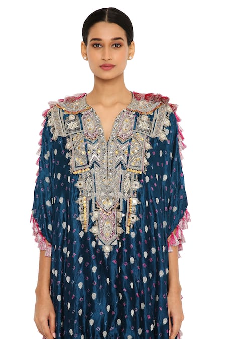 Shop_Payal Singhal_Blue Silk Floral, Bandhani Notched Kurta And Jogger Pant Set _Online_at_Aza_Fashions
