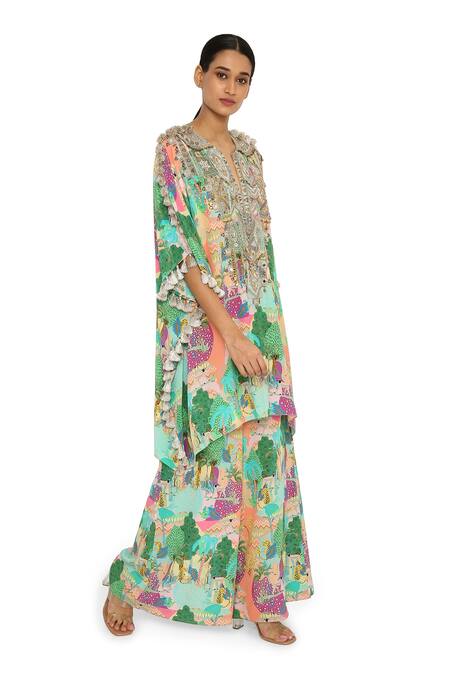 Payal Singhal Peach Crepe Animal Notched Print Kaftan And Palazzo Set Online at Aza Fashions Payal Singhal_Peach Crepe Animal Notched Print Kaftan And Palazzo Set _Online_at_Aza_Fashions
