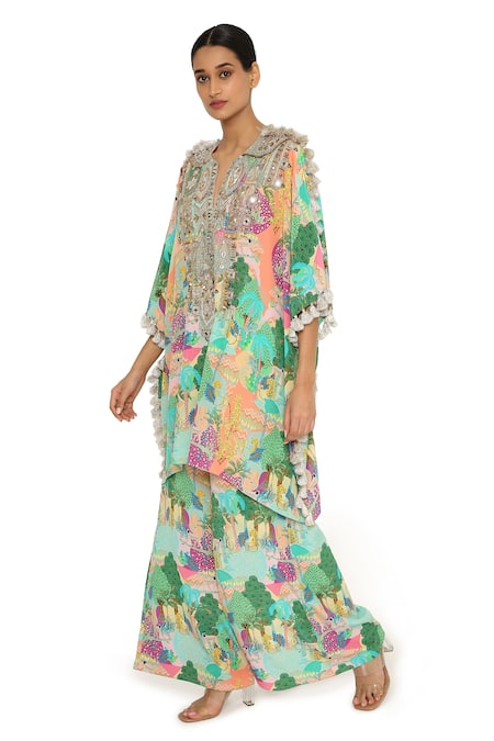 Buy Payal Singhal Peach Crepe Animal Notched Print Kaftan And Palazzo Set Online at Aza Fashions Buy_Payal Singhal_Peach Crepe Animal Notched Print Kaftan And Palazzo Set _Online_at_Aza_Fashions