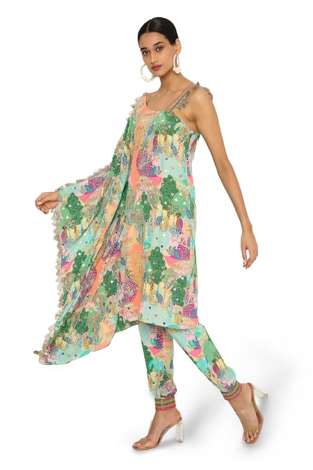 Payal Singhal Peach Crepe Geometric, Animal Asymmetric Print Kaftan And Jogger Pant Set Online at Aza Fashions Payal Singhal_Peach Crepe Geometric, Animal Asymmetric Print Kaftan And Jogger Pant Set _Online_at_Aza_Fashions