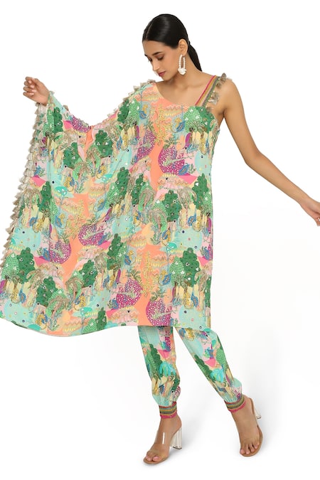 Buy Payal Singhal Peach Crepe Geometric, Animal Asymmetric Print Kaftan And Jogger Pant Set Online at Aza Fashions Buy_Payal Singhal_Peach Crepe Geometric, Animal Asymmetric Print Kaftan And Jogger Pant Set _Online_at_Aza_Fashions