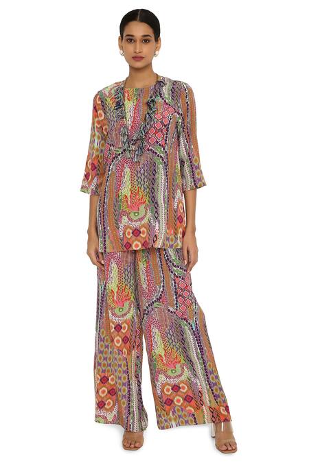 PS Pret By Payal Singhal_Multi Color Crepe Printed African Round Tunic And Palazzo Set_Online_at_Aza_Fashions