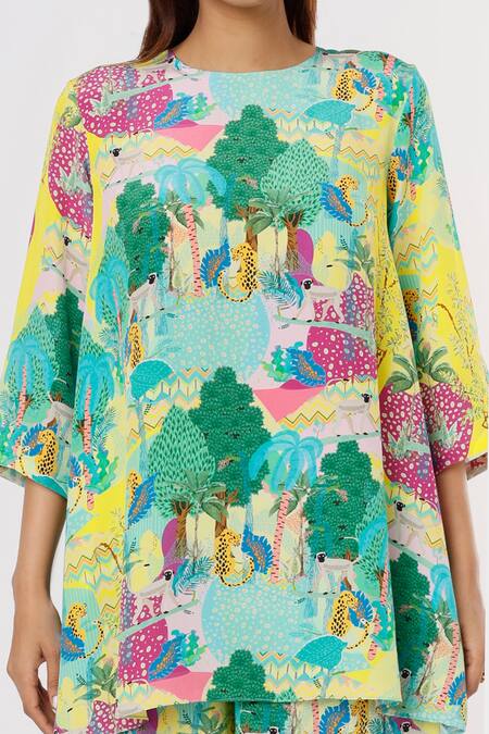 PS Pret By Payal Singhal_Yellow Crepe Kuno Round Tunic And Palazzo Set _Online_at_Aza_Fashions