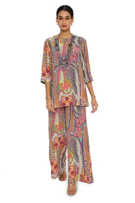 Buy_PS Pret By Payal Singhal_Multi Color Crepe Printed African Round Tunic And Palazzo Set_Online_at_Aza_Fashions