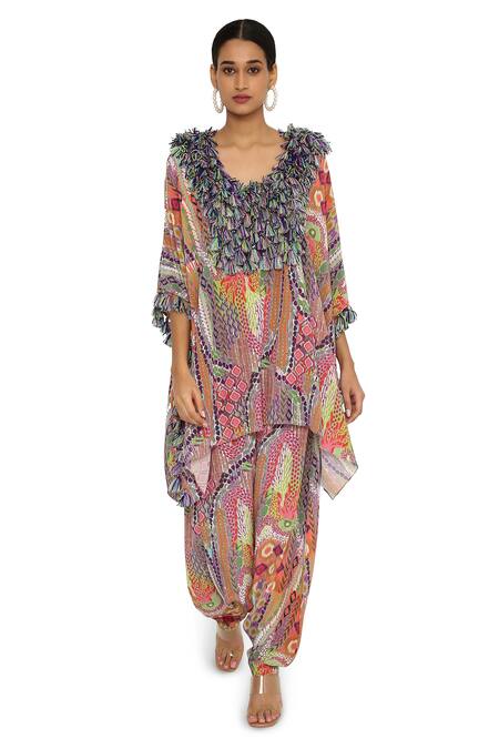Payal Singhal Multi Color Crepe Printed African Round Kaftan And Draped Pant Set Online at Aza Fashions Payal Singhal_Multi Color Crepe Printed African Round Kaftan And Draped Pant Set_Online_at_Aza_Fashions