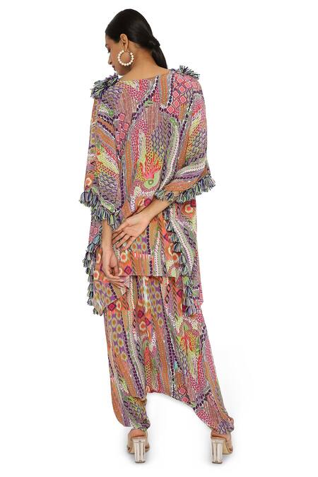 Shop Payal Singhal Multi Color Crepe Printed African Round Kaftan And Draped Pant Set at Aza Fashions Shop_Payal Singhal_Multi Color Crepe Printed African Round Kaftan And Draped Pant Set_at_Aza_Fashions