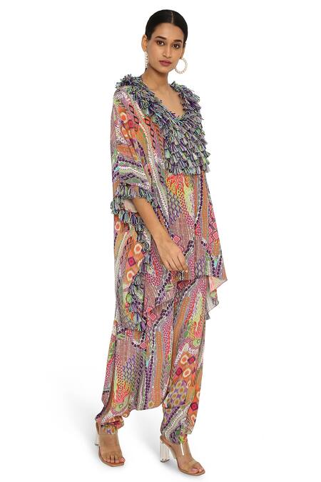 Buy Payal Singhal Multi Color Crepe Printed African Round Kaftan And Draped Pant Set Online at Aza Fashions Buy_Payal Singhal_Multi Color Crepe Printed African Round Kaftan And Draped Pant Set_Online_at_Aza_Fashions