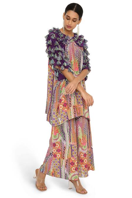 Payal Singhal_Multi Color Crepe Printed African Round Kaftan And Palazzo Set_Online_at_Aza_Fashions