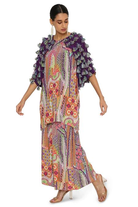 Buy_Payal Singhal_Multi Color Crepe Printed African Round Kaftan And Palazzo Set_Online_at_Aza_Fashions