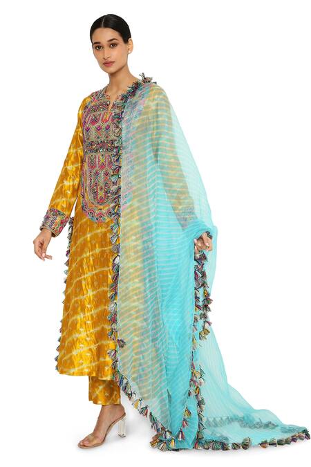 Buy_Payal Singhal_Yellow Silk, Organza Geometric Notched Leheriya Kurta Set _Online_at_Aza_Fashions