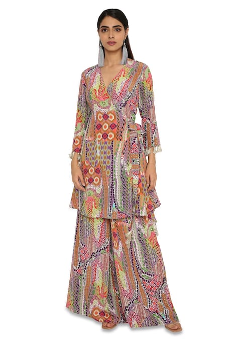 Payal Singhal_Multi Color Crepe African V Neck Print Tunic And Palazzo Set _Online_at_Aza_Fashions
