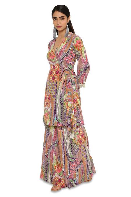 Buy_Payal Singhal_Multi Color Crepe African V Neck Print Tunic And Palazzo Set _Online_at_Aza_Fashions