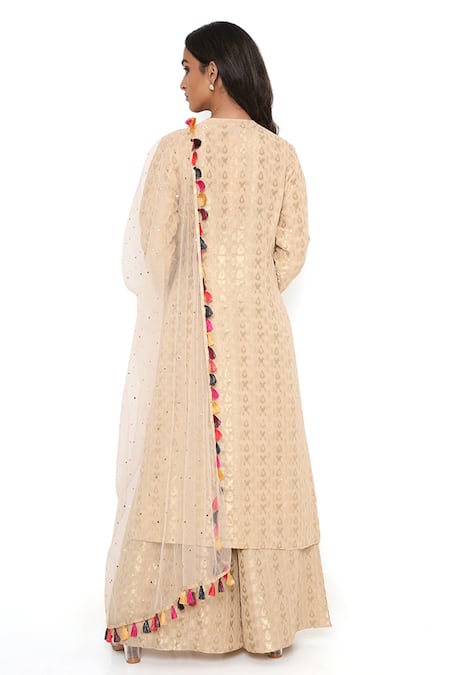 Shop Payal Singhal Beige Georgette, Dupatta Net Notched Banarasi Kurta Palazzo Set at Aza Fashions Shop_Payal Singhal_Beige Georgette, Dupatta Net Notched Banarasi Kurta Palazzo Set _at_Aza_Fashions