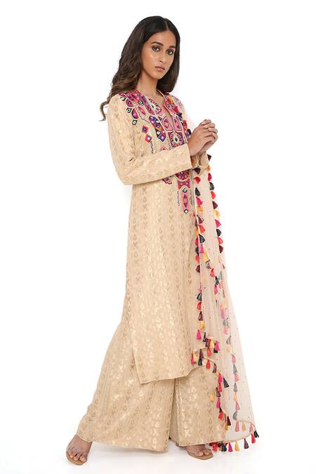 Buy Payal Singhal Beige Georgette, Dupatta Net Notched Banarasi Kurta Palazzo Set Online at Aza Fashions Buy_Payal Singhal_Beige Georgette, Dupatta Net Notched Banarasi Kurta Palazzo Set _Online_at_Aza_Fashions