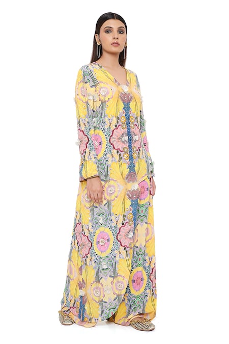 Shop Payal Singhal Yellow Crepe And Embroidery Enchanted V Helen Kurta & Palazzo Set Online at Aza Fashions Shop_Payal Singhal_Yellow Crepe And Embroidery Enchanted V Helen Kurta & Palazzo Set _Online_at_Aza_Fashions