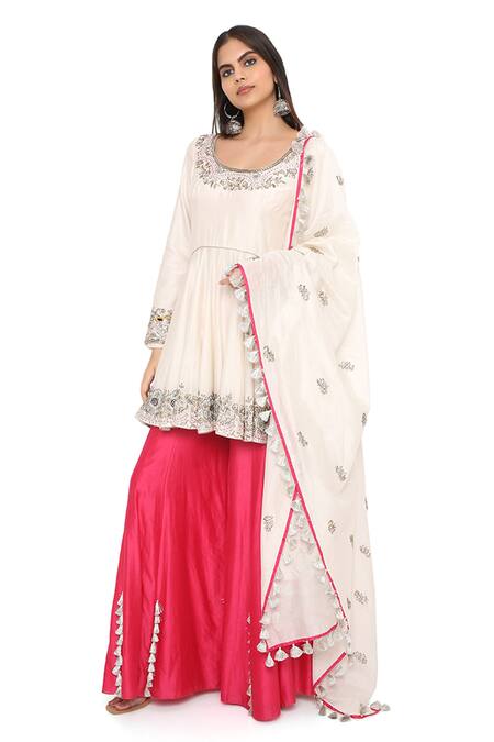 Payal Singhal_Off White Silkmul Scoop Neck Embroidered Anarkali Sharara Set_Online_at_Aza_Fashions