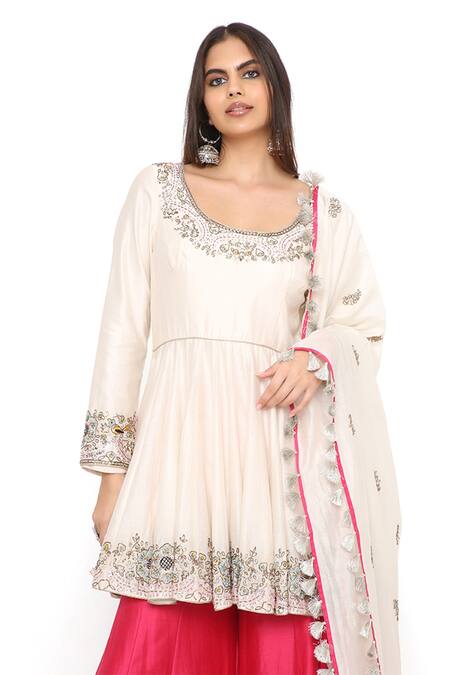 Shop_Payal Singhal_Off White Silkmul Scoop Neck Embroidered Anarkali Sharara Set_Online_at_Aza_Fashions