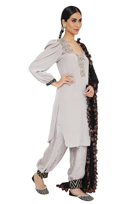 Payal Singhal_Grey Kurta Crepe Salwar Abutai Silk Dupatta Georgette Keya Set_Online_at_Aza_Fashions
