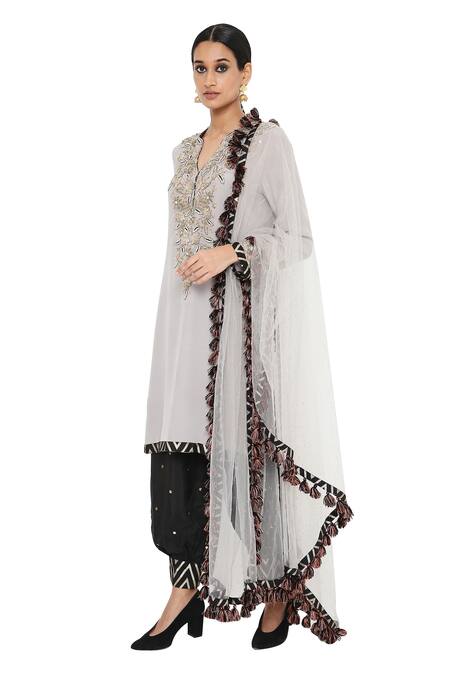 Buy_Payal Singhal_Grey Kurta Crepe Salwar Abutai Silk Dupatta Georgette Nyla Set _Online_at_Aza_Fashions