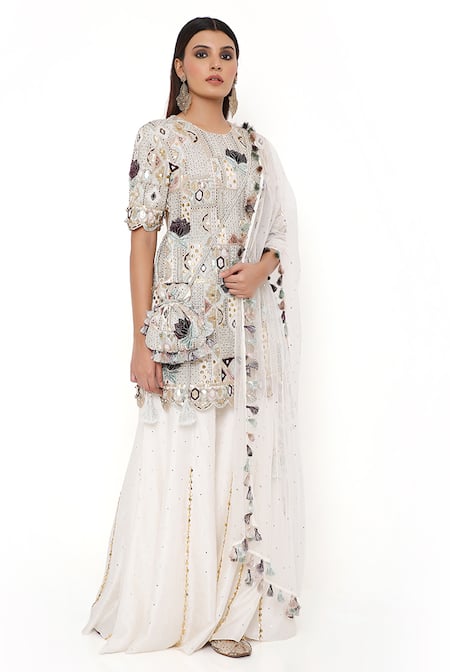 Shop Payal Singhal Off White Georgette Embroidery Thread And Sequin Round Navya Kurta Sharara Set Online at Aza Fashions Shop_Payal Singhal_Off White Georgette Embroidery Thread And Sequin Round Navya Kurta Sharara Set _Online_at_Aza_Fashions