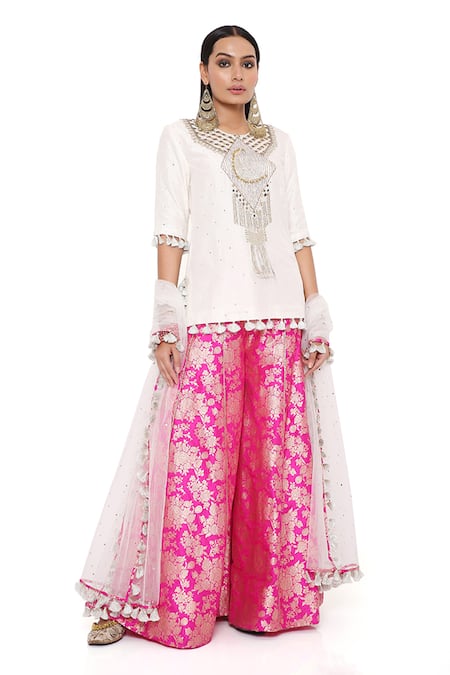 Shop Payal Singhal Pink Silk And Brocade Mirror & Thread Round Amaya Embroidered Kurta Sharara Set Online at Aza Fashions Shop_Payal Singhal_Pink Silk And Brocade Mirror & Thread Round Amaya Embroidered Kurta Sharara Set _Online_at_Aza_Fashions
