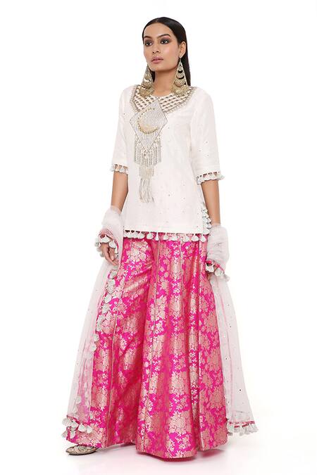 Payal Singhal Pink Silk And Brocade Mirror & Thread Round Amaya Embroidered Kurta Sharara Set at Aza Fashions Payal Singhal_Pink Silk And Brocade Mirror & Thread Round Amaya Embroidered Kurta Sharara Set _at_Aza_Fashions