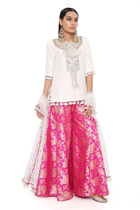 Shop Payal Singhal Pink Silk And Brocade Mirror & Thread Round Amaya Embroidered Kurta Sharara Set Shop_Payal Singhal_Pink Silk And Brocade Mirror & Thread Round Amaya Embroidered Kurta Sharara Set