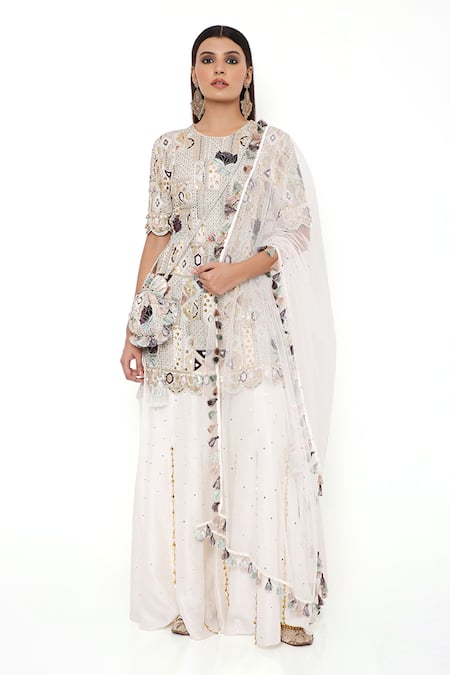Shop Payal Singhal Off White Georgette Embroidery Thread And Sequin Round Navya Kurta Sharara Set Shop_Payal Singhal_Off White Georgette Embroidery Thread And Sequin Round Navya Kurta Sharara Set