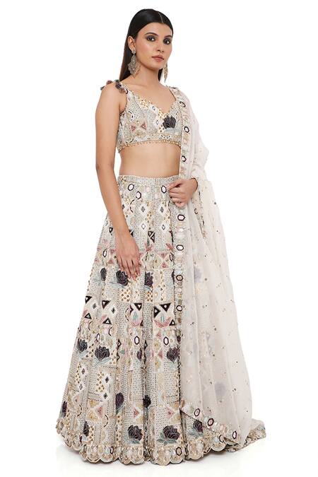 Shop Payal Singhal Off White Georgette And Organza Thread & Mirror Padma Embroidered Lehenga Set Online at Aza Fashions Shop_Payal Singhal_Off White Georgette And Organza Thread & Mirror Padma Embroidered Lehenga Set _Online_at_Aza_Fashions