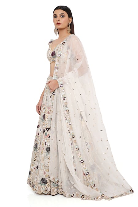 Payal Singhal Off White Georgette And Organza Thread & Mirror Padma Embroidered Lehenga Set at Aza Fashions Payal Singhal_Off White Georgette And Organza Thread & Mirror Padma Embroidered Lehenga Set _at_Aza_Fashions