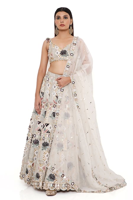 Shop Payal Singhal Off White Georgette And Organza Thread & Mirror Padma Embroidered Lehenga Set Shop_Payal Singhal_Off White Georgette And Organza Thread & Mirror Padma Embroidered Lehenga Set