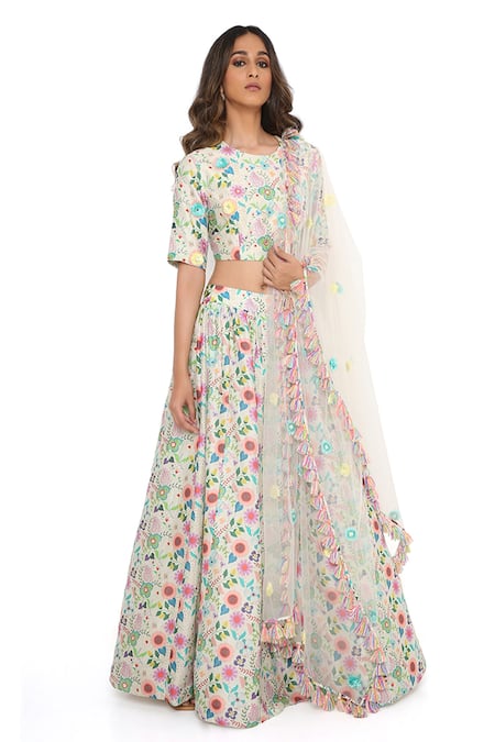 Payal Singhal Cream Silkmul Printed Floral Pattern Round Spring Garden Lehenga Set 