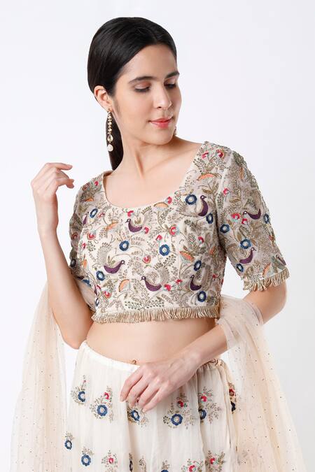 Payal Singhal_Cream Organza, Net Floral And Peacock Motifs Round Embroidered Lehenga Set_Online_at_Aza_Fashions