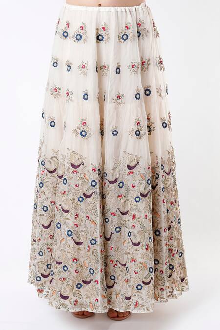 Buy_Payal Singhal_Cream Organza, Net Floral And Peacock Motifs Round Embroidered Lehenga Set_Online_at_Aza_Fashions